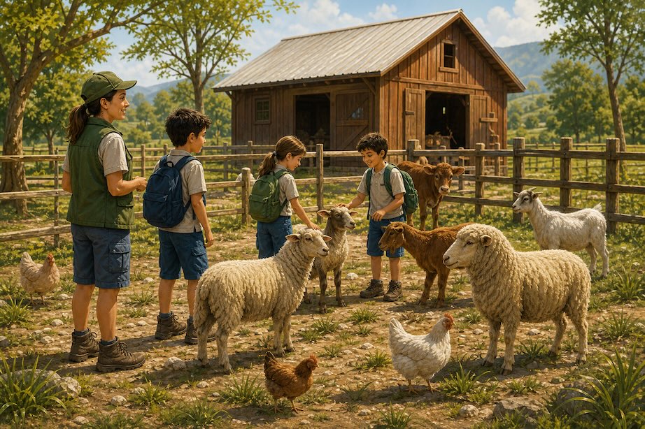 Niños con animales en una granja educativa