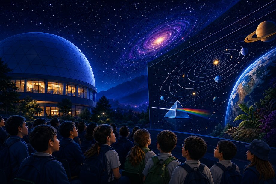 Estudiantes observando una proyección astronómica